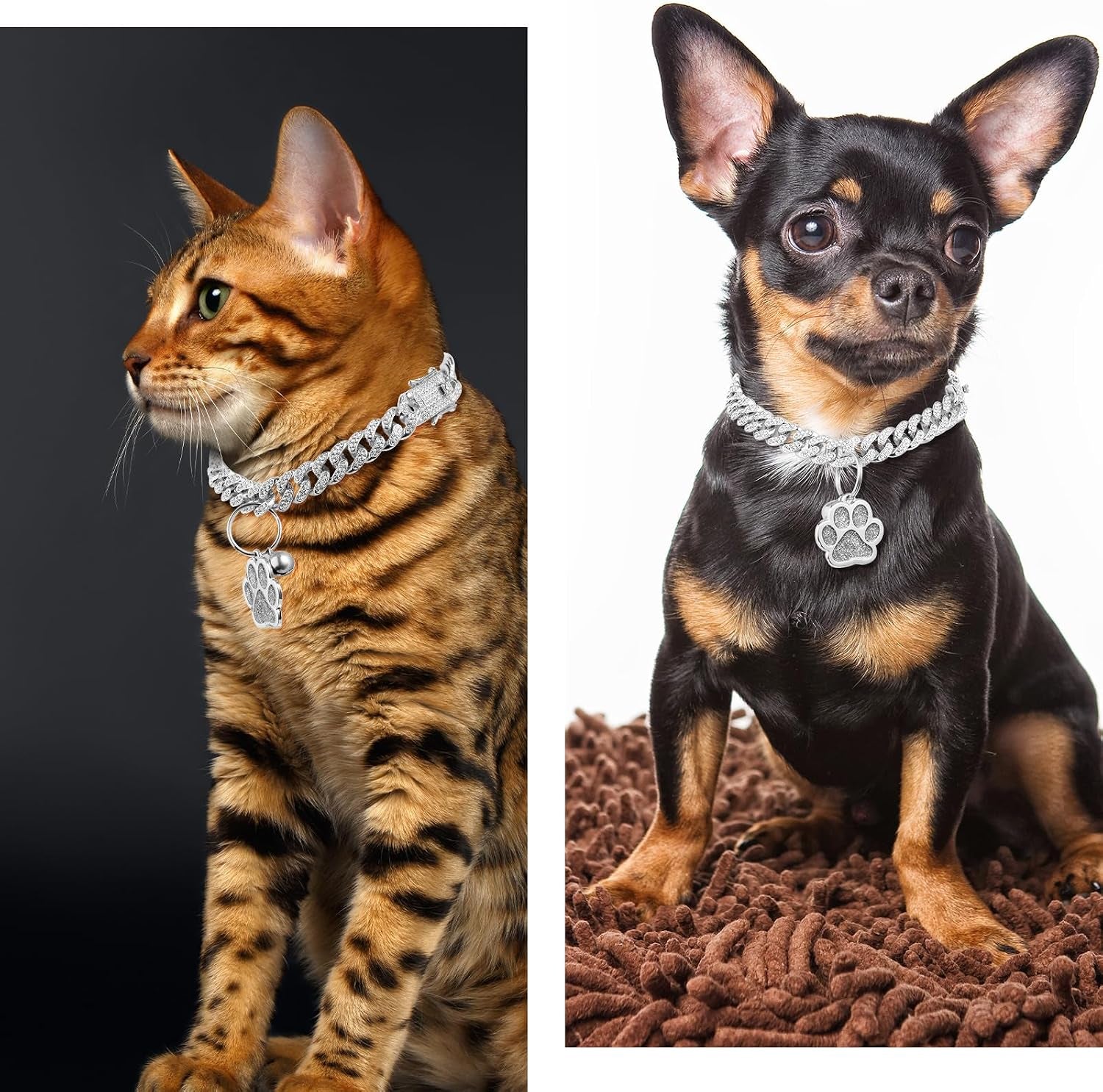 Cat Collar Diamond Chain Glitter Collar Walking Metal with Secure Buckle Cat Pet Necklace with Paw Charm and ID Tag Bell Link Cuban Jewelry Accessories Gift(10 Inch,Silver)