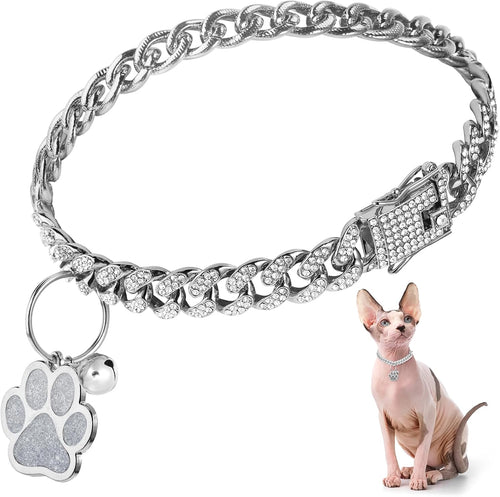 Cat Collar Diamond Chain Glitter Collar Walking Metal with Secure Buckle Cat Pet Necklace with Paw Charm and ID Tag Bell Link Cuban Jewelry Accessories Gift(10 Inch,Silver)