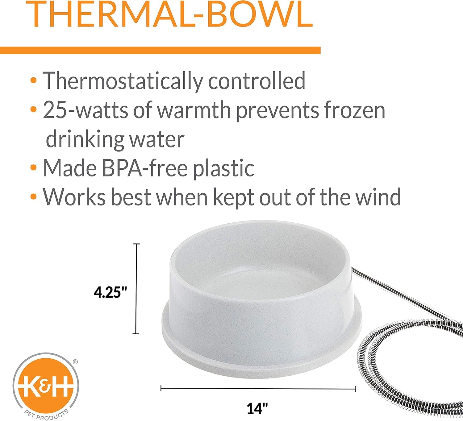Thermal-Bowl Heated Water Bowl for Cats & Dogs Outside, Safety Listed Outdoor Heated Dog Dish for Pets, Automatic No Freeze, anti Chew Cord - 1.5 Gallons Granite 25W