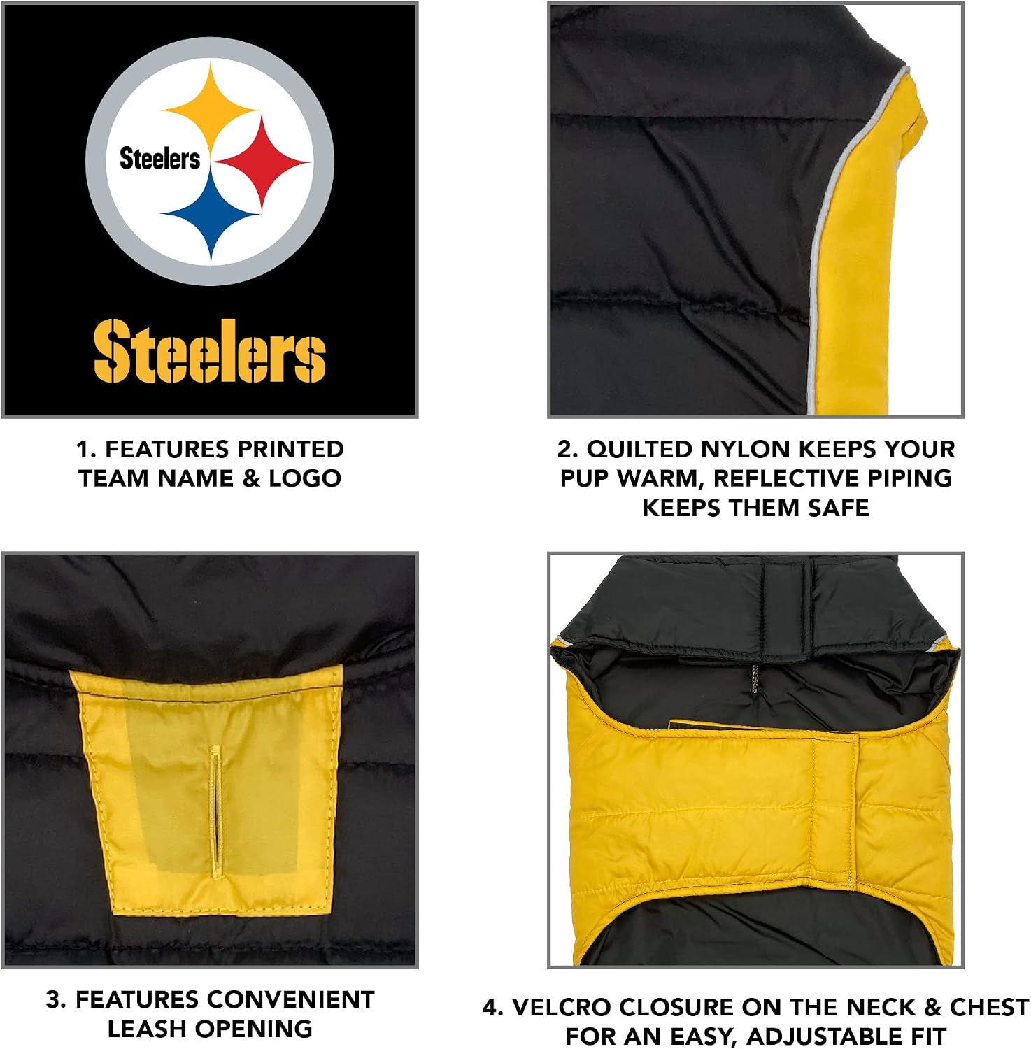 NFL Pittsburgh Steelers Puffer Vest for Dogs & Cats, Size Small. Warm, Cozy, and Waterproof Dog Coat, for Small and Large Dogs/Cats. Best NFL Licensed PET Warming Sports Jacket