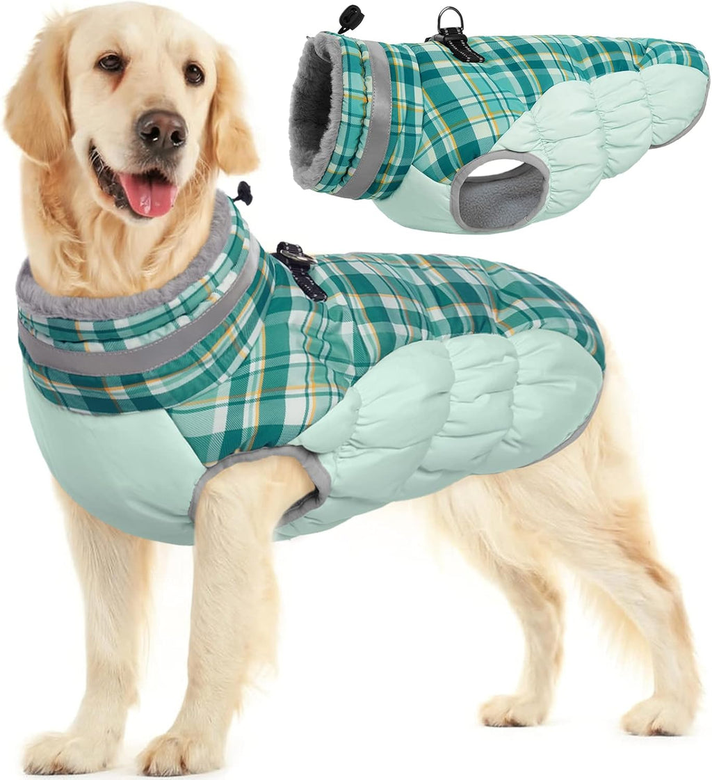 Dog Coat for Large Dogs,Waterproof Dog Winter Jacket with Harness Built in Puppy Cold Weather Coats Reflective Pet Vest with Zipper Warm Fleece Dogs Snowsuit Windproof Green Plaid L