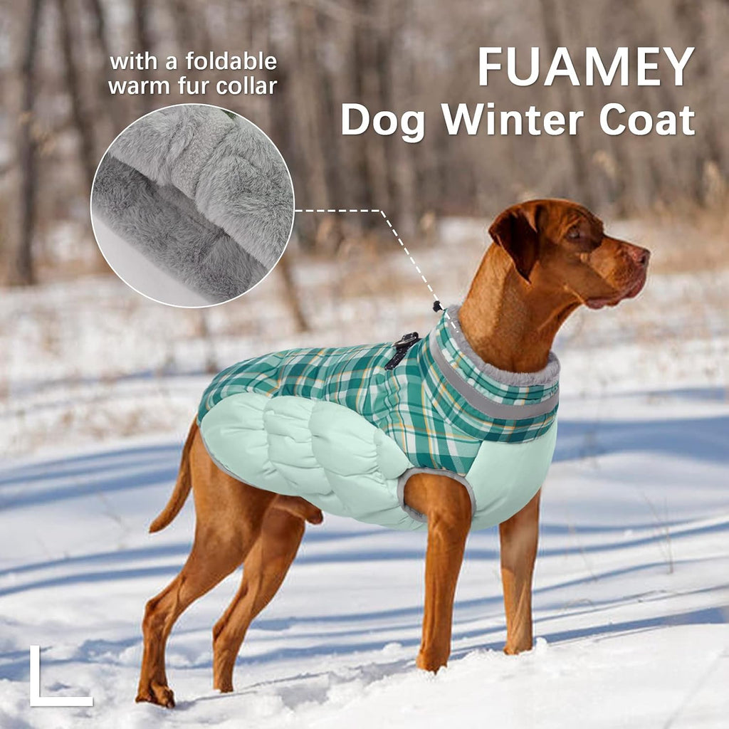 Dog Coat for Large Dogs,Waterproof Dog Winter Jacket with Harness Built in Puppy Cold Weather Coats Reflective Pet Vest with Zipper Warm Fleece Dogs Snowsuit Windproof Green Plaid L