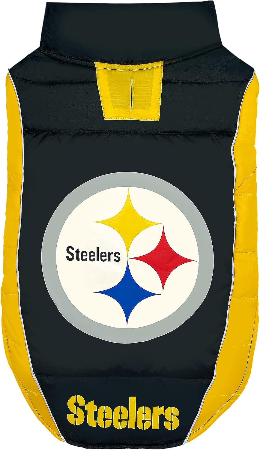 NFL Pittsburgh Steelers Puffer Vest for Dogs & Cats, Size Small. Warm, Cozy, and Waterproof Dog Coat, for Small and Large Dogs/Cats. Best NFL Licensed PET Warming Sports Jacket