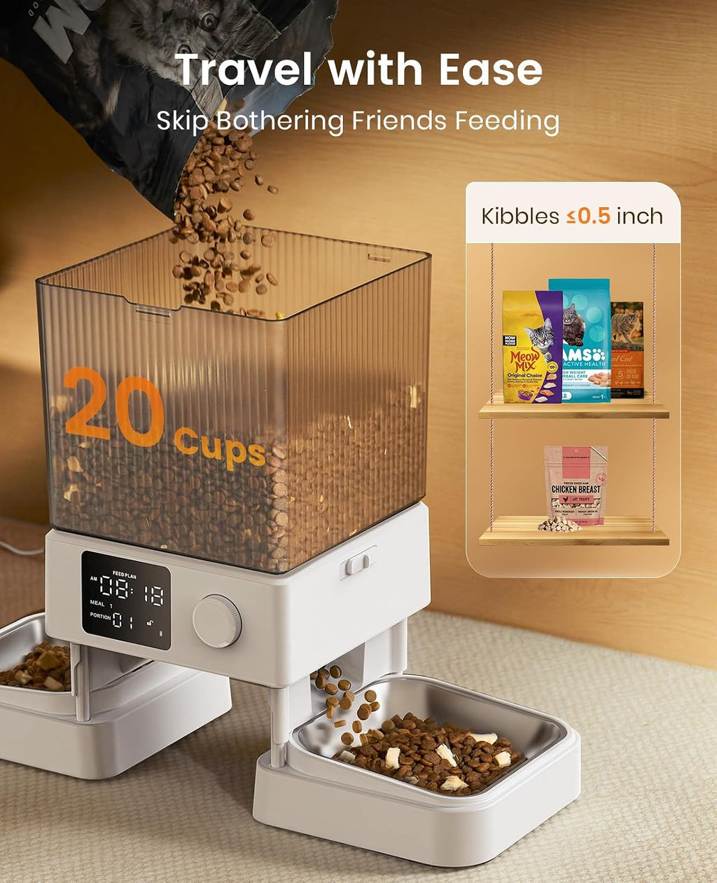 Automatic Cat Feeder for 2 Cats, 20 Cups/5L Automatic Cat Food Dispenser for Small Pets Indoor, Timed Cat Feeder for Dry Food(White)