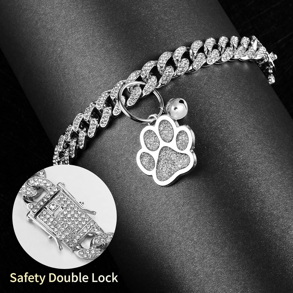 Cat Collar Diamond Chain Glitter Collar Walking Metal with Secure Buckle Cat Pet Necklace with Paw Charm and ID Tag Bell Link Cuban Jewelry Accessories Gift(10 Inch,Silver)