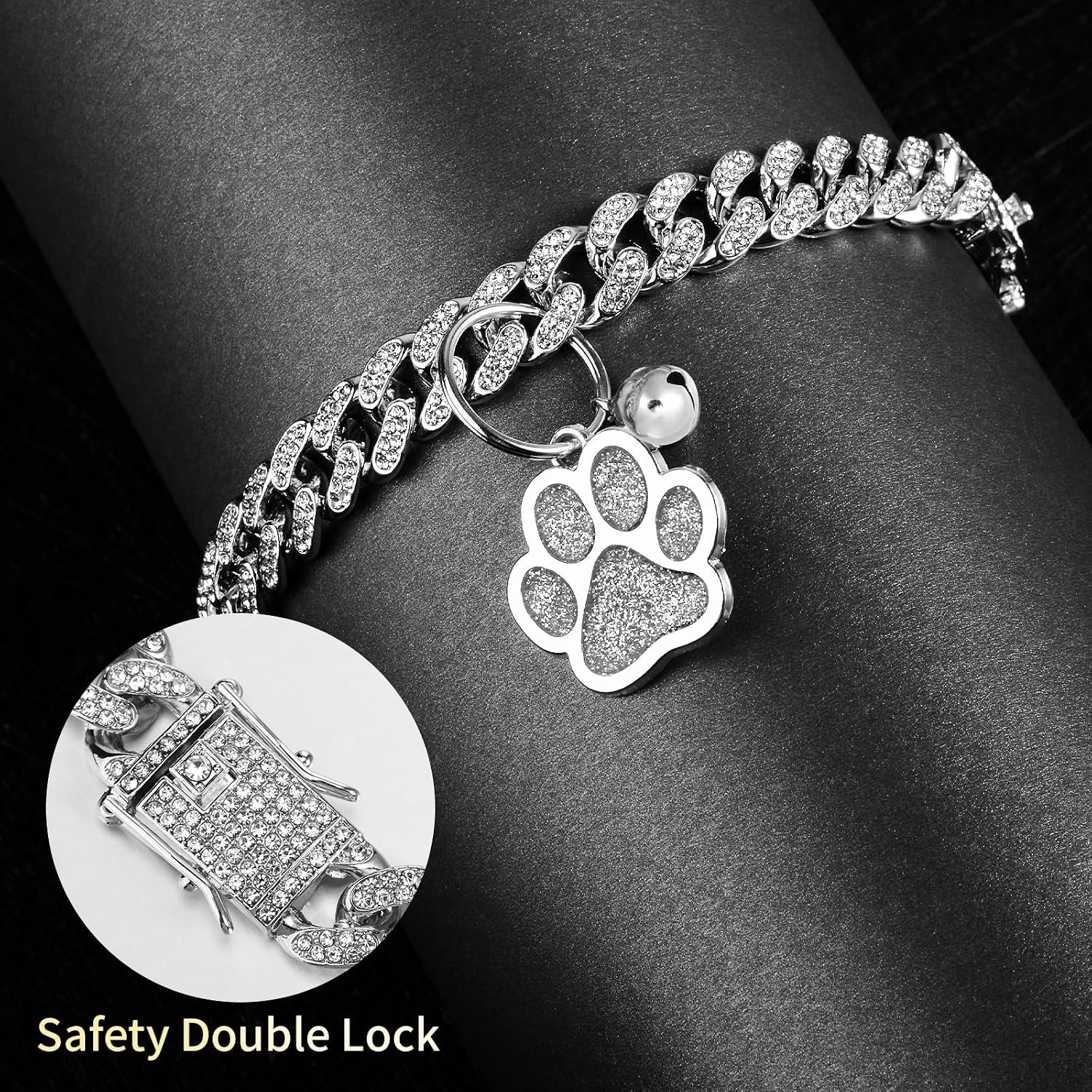 Cat Collar Diamond Chain Glitter Collar Walking Metal with Secure Buckle Cat Pet Necklace with Paw Charm and ID Tag Bell Link Cuban Jewelry Accessories Gift(10 Inch,Silver)