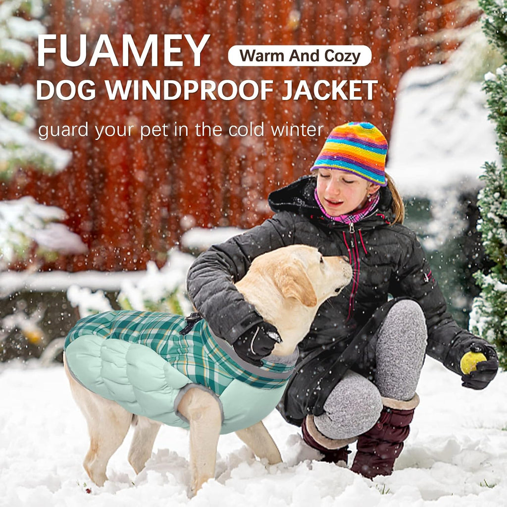 Dog Coat for Large Dogs,Waterproof Dog Winter Jacket with Harness Built in Puppy Cold Weather Coats Reflective Pet Vest with Zipper Warm Fleece Dogs Snowsuit Windproof Green Plaid L