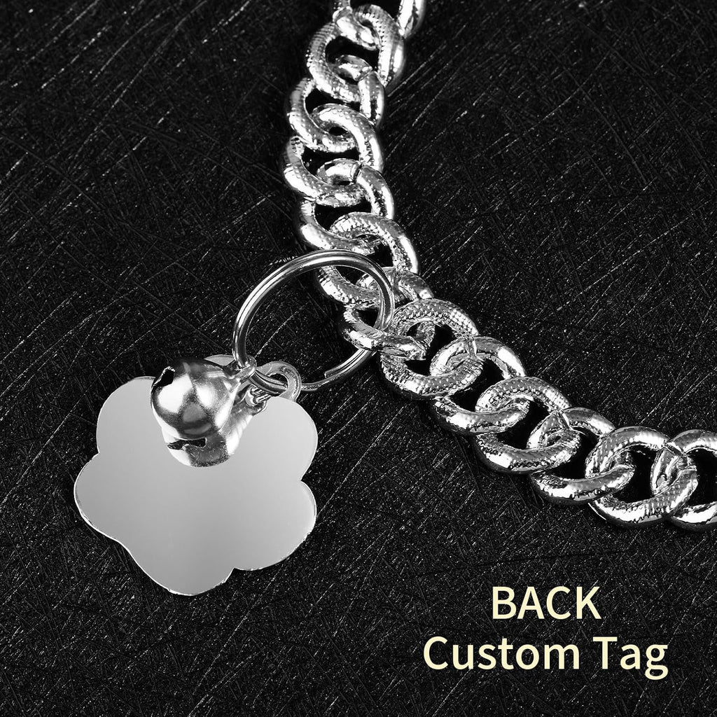 Cat Collar Diamond Chain Glitter Collar Walking Metal with Secure Buckle Cat Pet Necklace with Paw Charm and ID Tag Bell Link Cuban Jewelry Accessories Gift(10 Inch,Silver)