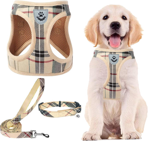 Adjustable Dog Harness Collar and Leash Set Step in No Pull Pet Harness for Small Medium Dogs Puppy and Cats Outdoor Walking Running, Soft Mesh Padded Reflective Vest Harnesses, Beige S