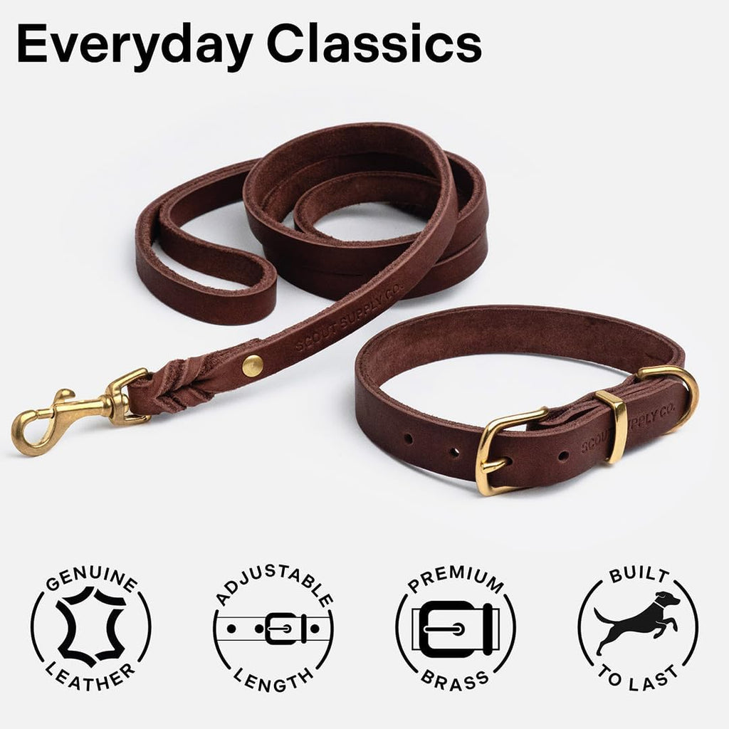 Scout Supply Classic Leather Dog Collar | Heavy Duty Thick Full Grain Leather | Waterproof & Rust-Proof Brass Hardware | Dark Brown (S: 0.8" Wide for 10.5"-13.5" Neck)